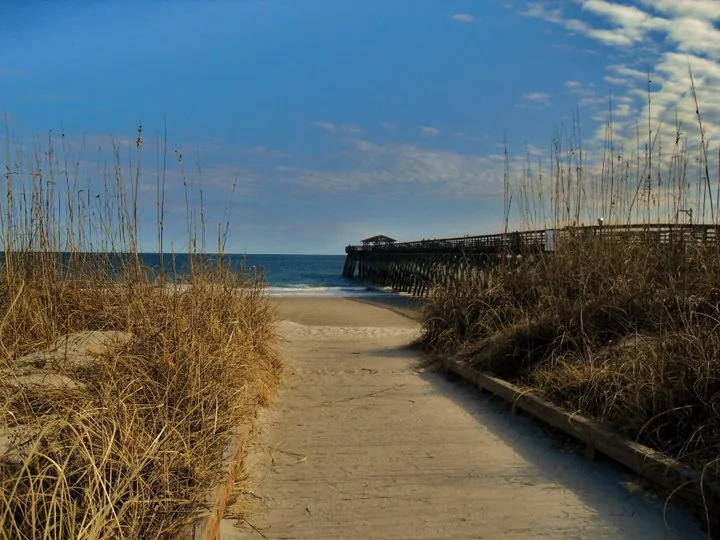 The ocean and boardwalk at Myrtle Beach State Park.