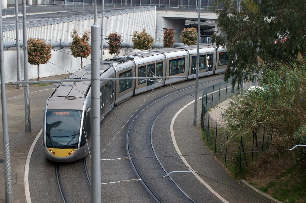 A Nice tram at the Henri Sappia terminus, with its extended carriages visible.