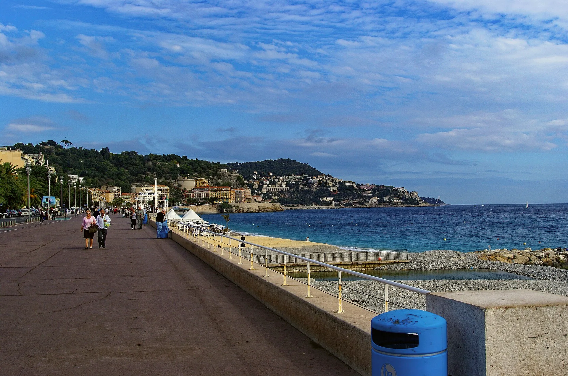 The Promenade des Anglais curves along the waterfront in Nice.