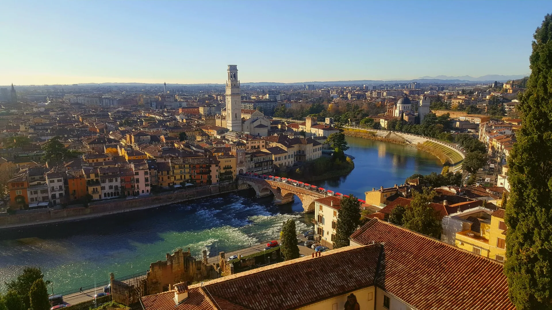 Ponte Pietra spanning the Adige in Verona, viewed from Castel San Pietro.