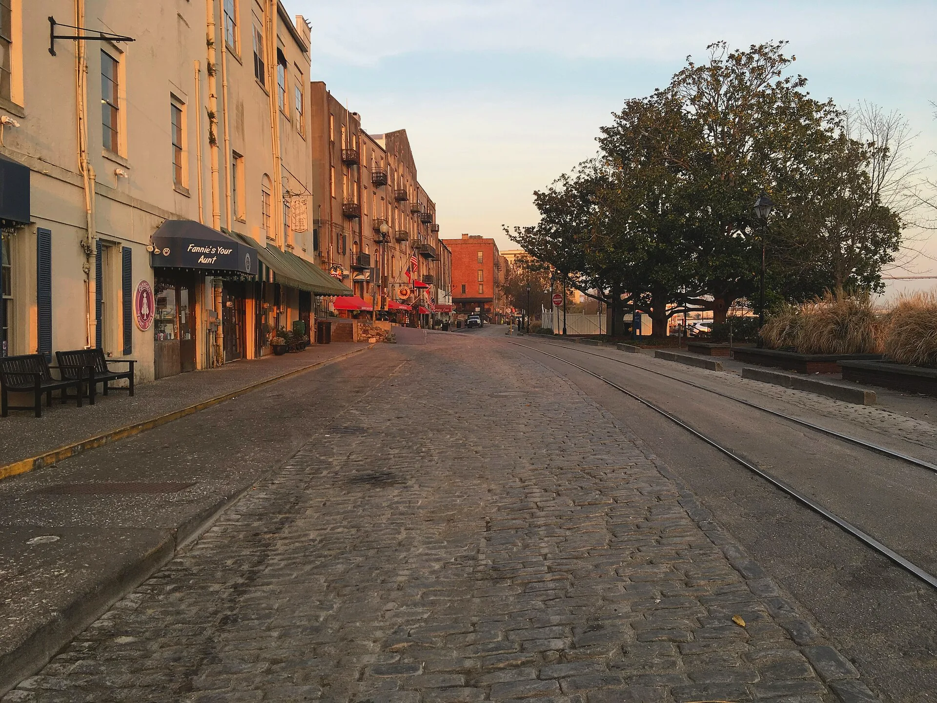 River Street in Savannah, with historic buildings lining the road.