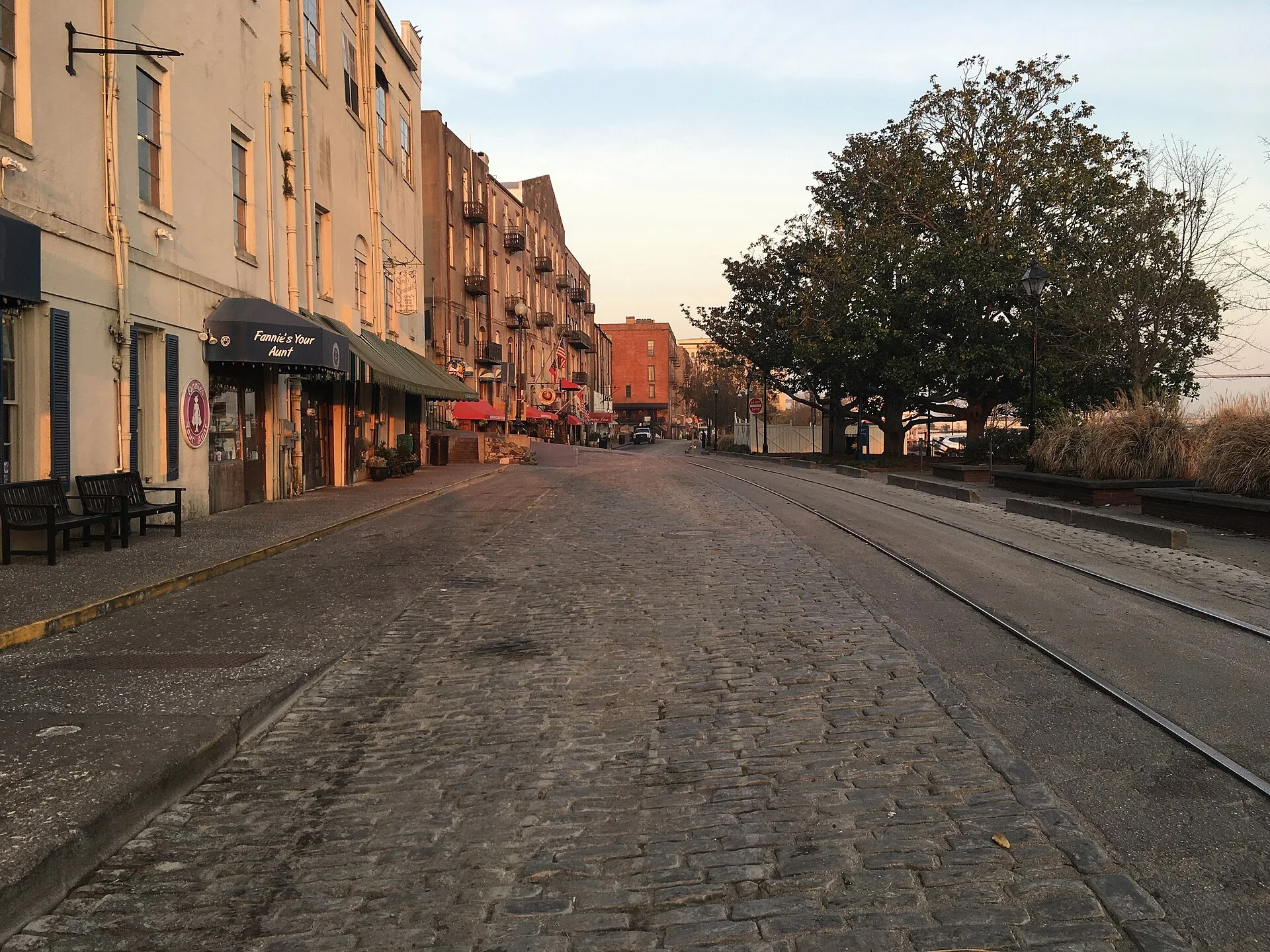 Buildings and pedestrians along River Street in Savannah.