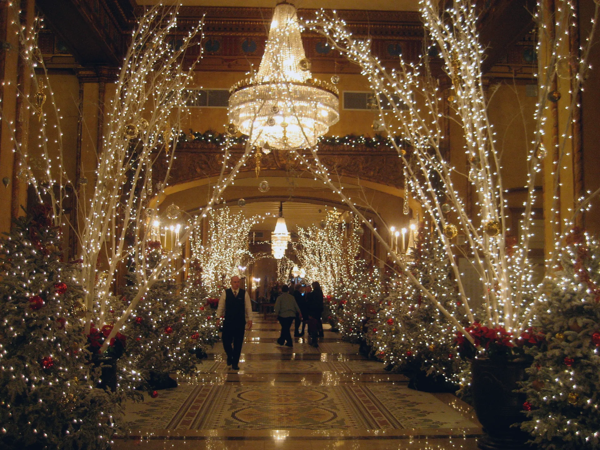 Christmas decorations in the Roosevelt Hotel lobby in New Orleans