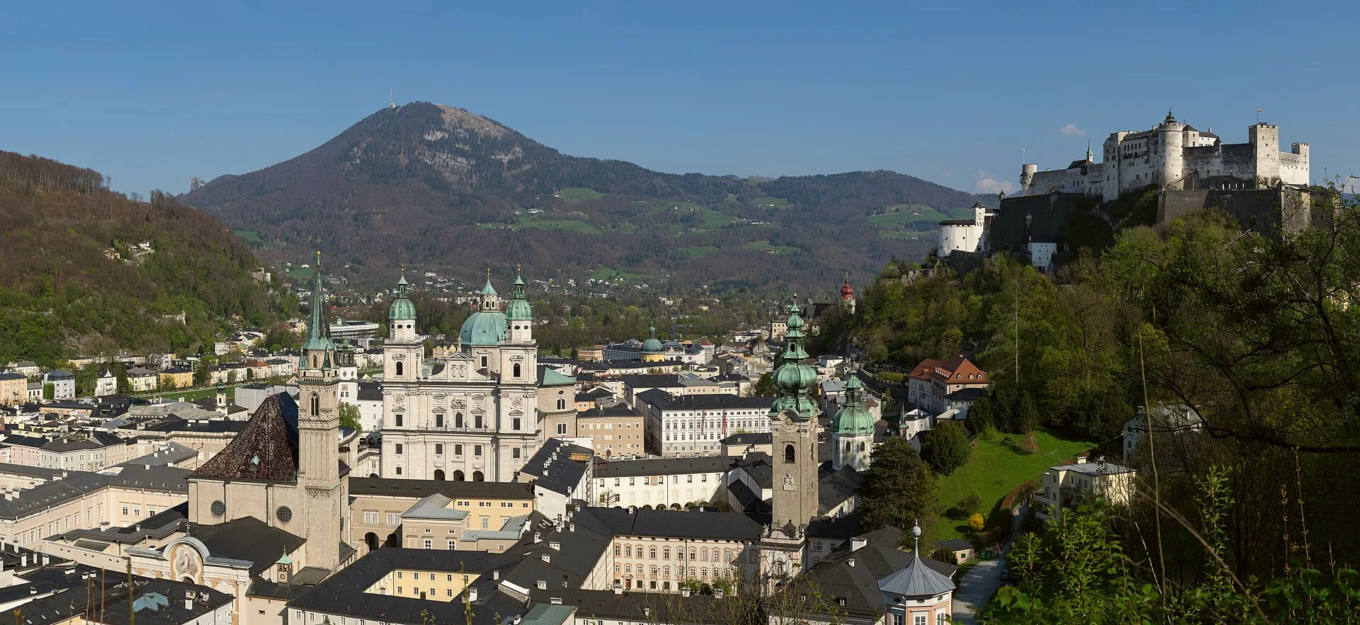 Panoramic view across Salzburg’s historic centre, with Hohensalzburg Fortress above the rooftops.