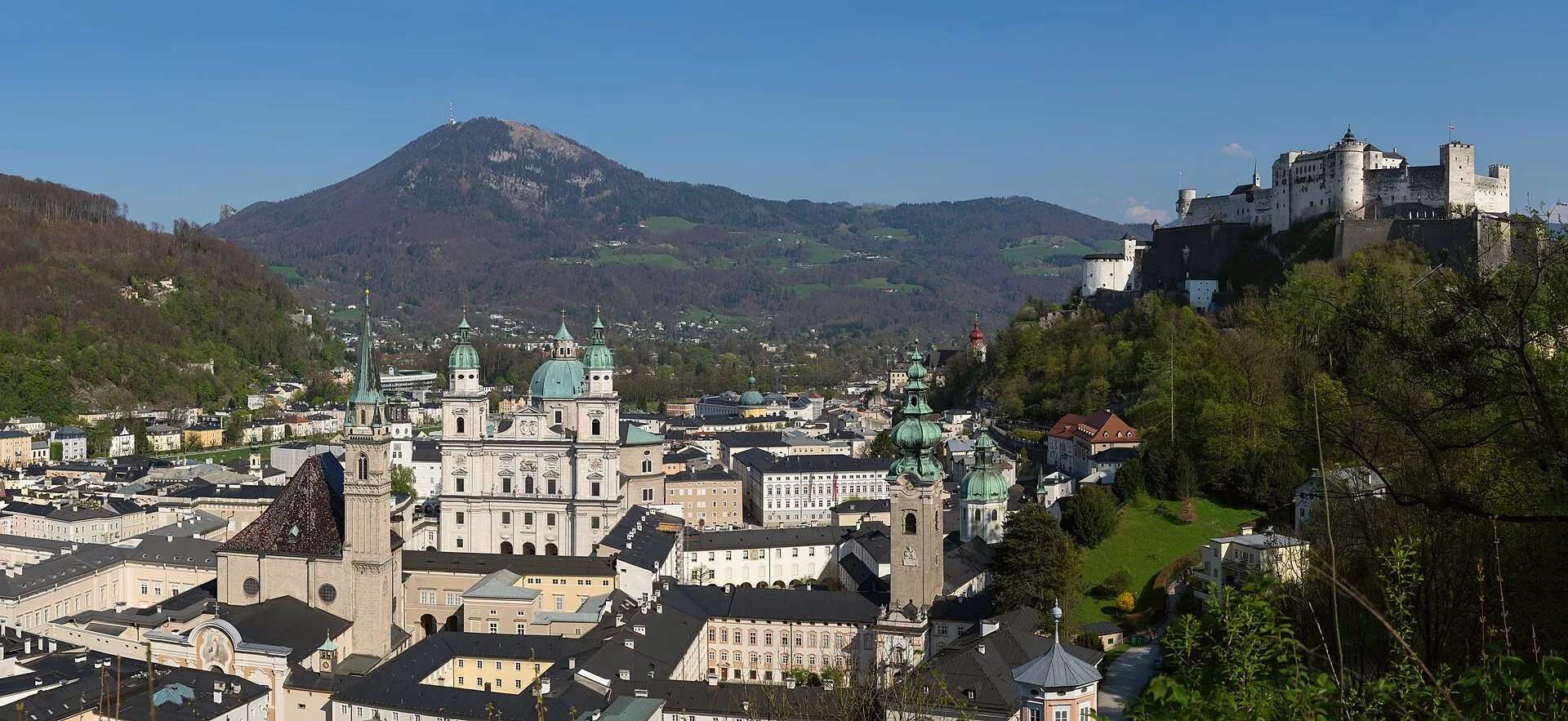 Hohensalzburg Fortress above Salzburg’s historic centre, seen from Mönchsberg.