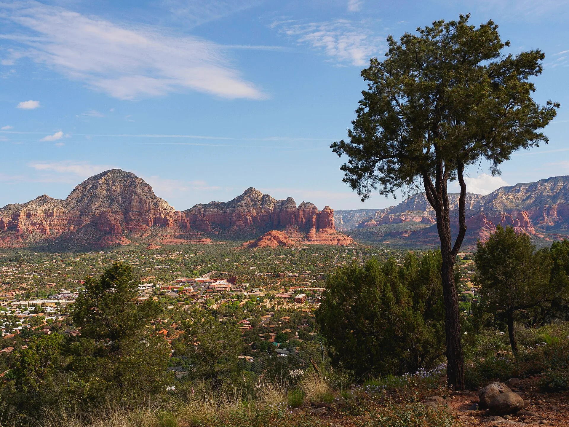 Sedona’s buildings and red rock formations viewed from Airport Mesa.
