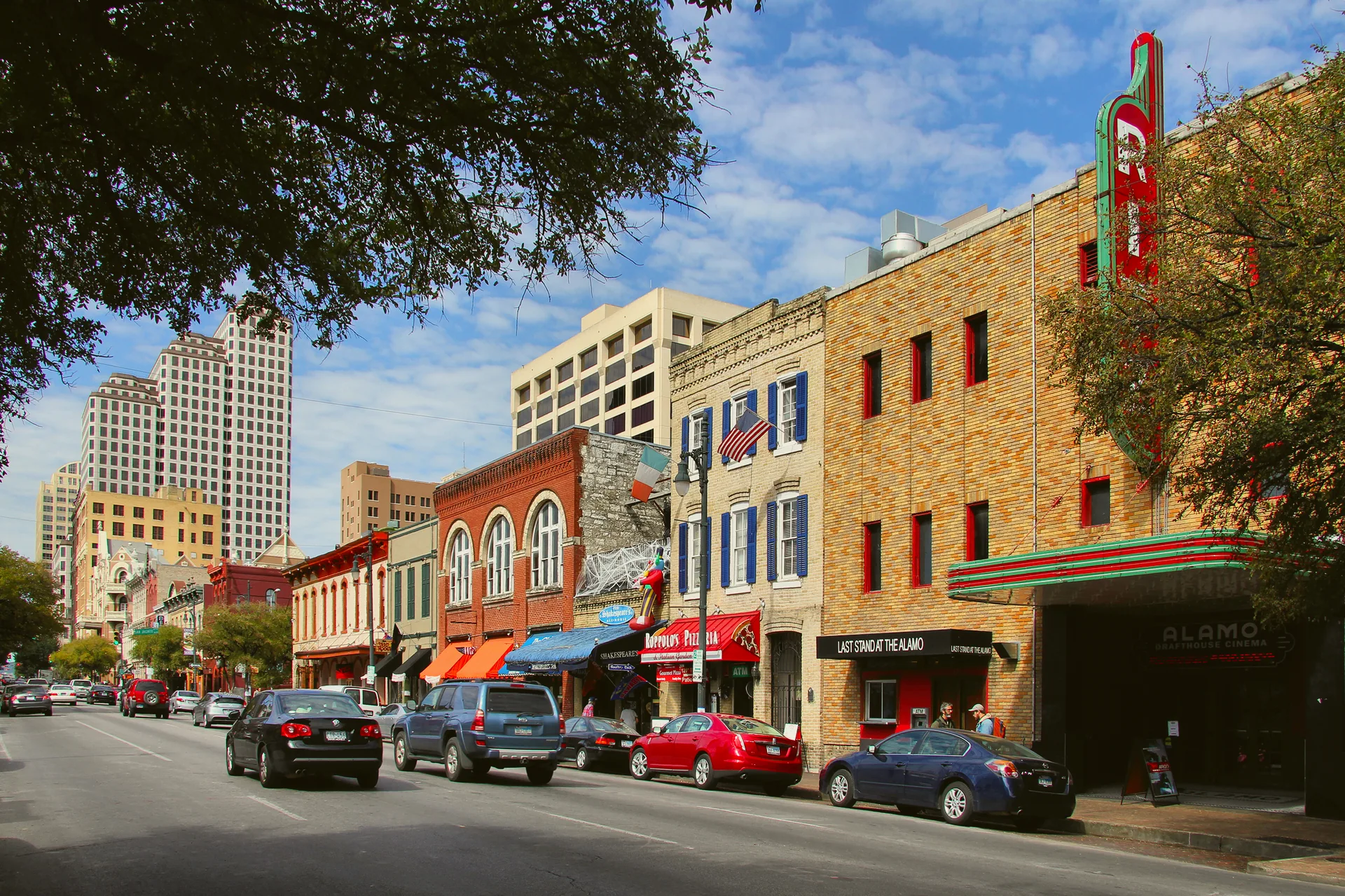 East Sixth Street lined with shops and buildings in Austin.