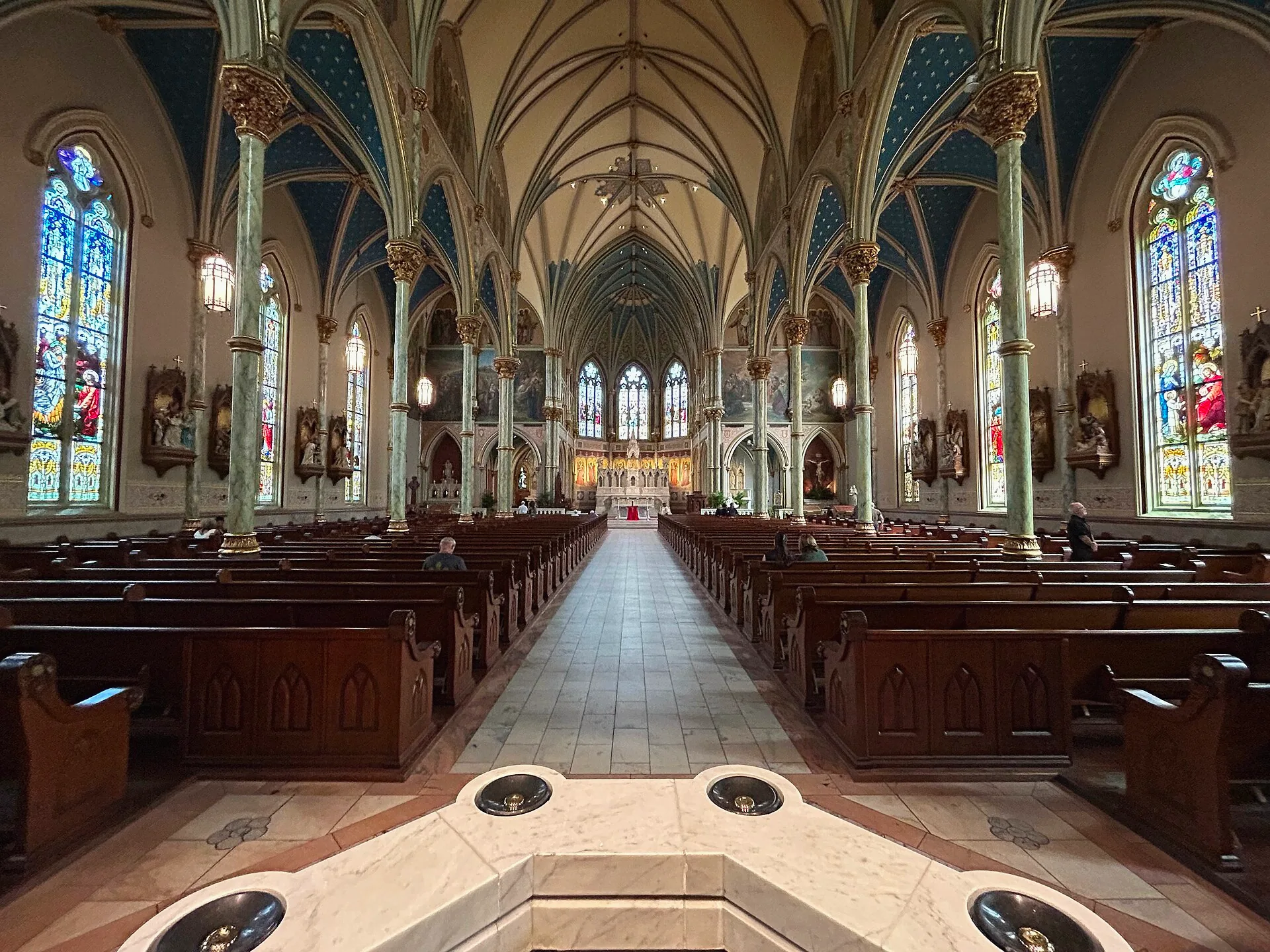 The interior of the Cathedral Basilica of St John the Baptist, viewed towards the altar.