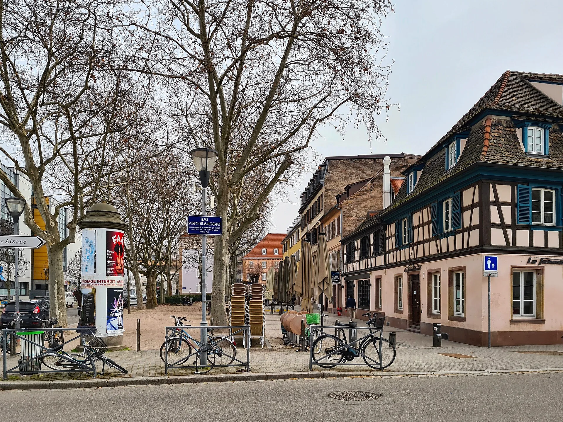 The square and surrounding buildings at Place Saint-Nicolas-aux-Ondes in Strasbourg.