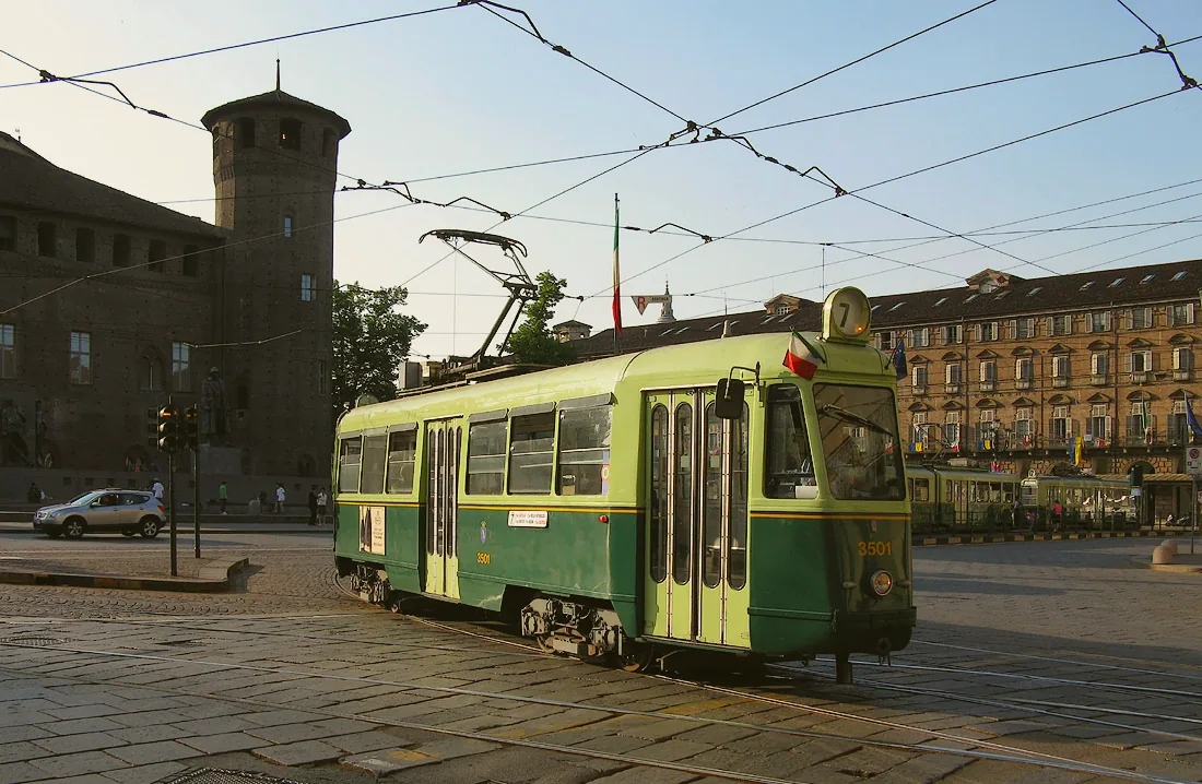 Historic tram 3501 departing the line 7 terminus at Piazza Castello in Turin.