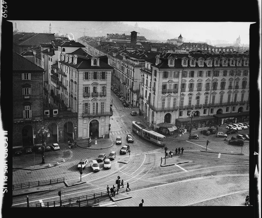 A tram in the Piazza Castello area, with Via Po nearby, seen from Palazzo Madama in Turin.