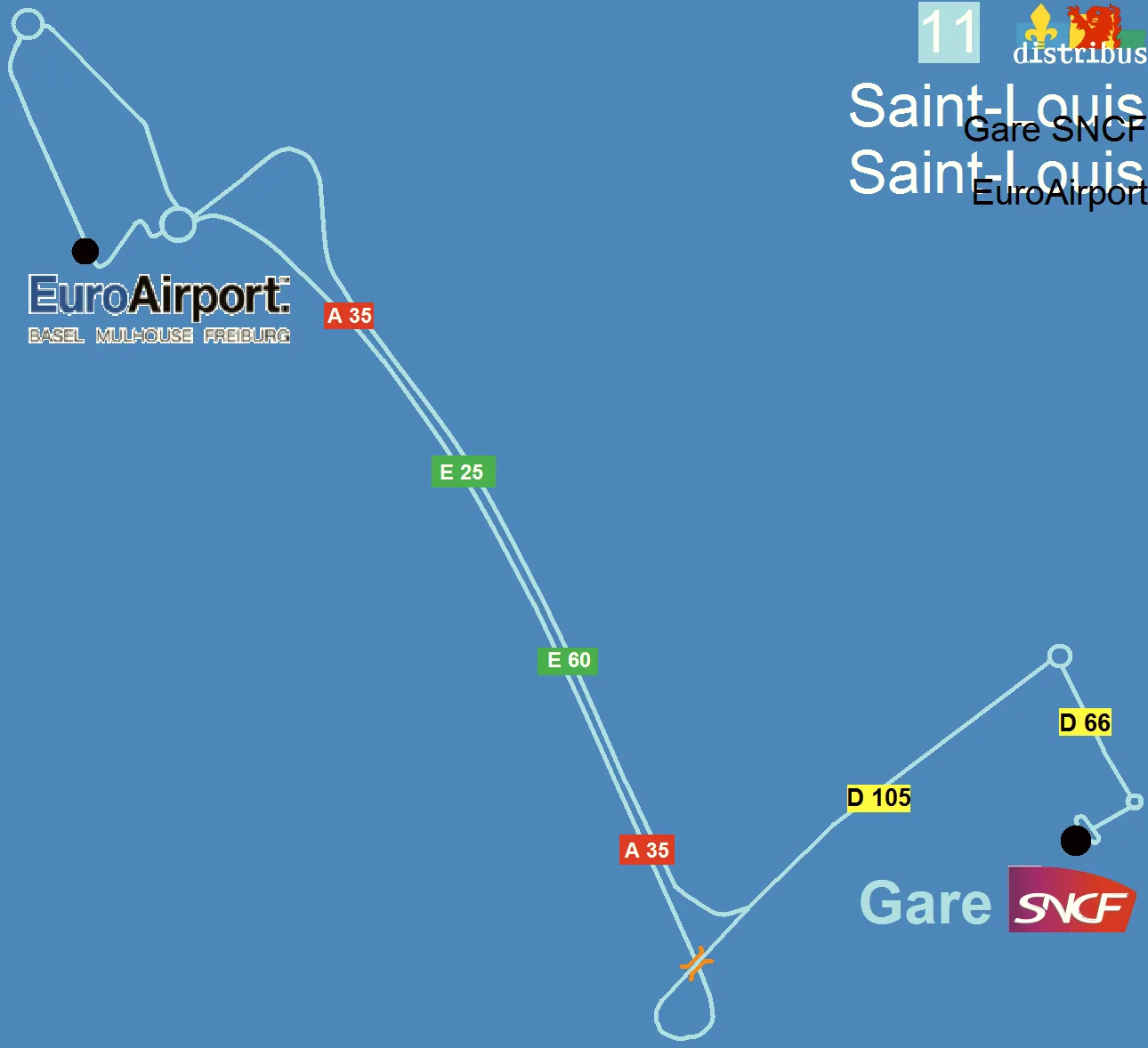 Map showing Distribus line 11 between Saint-Louis railway station and EuroAirport