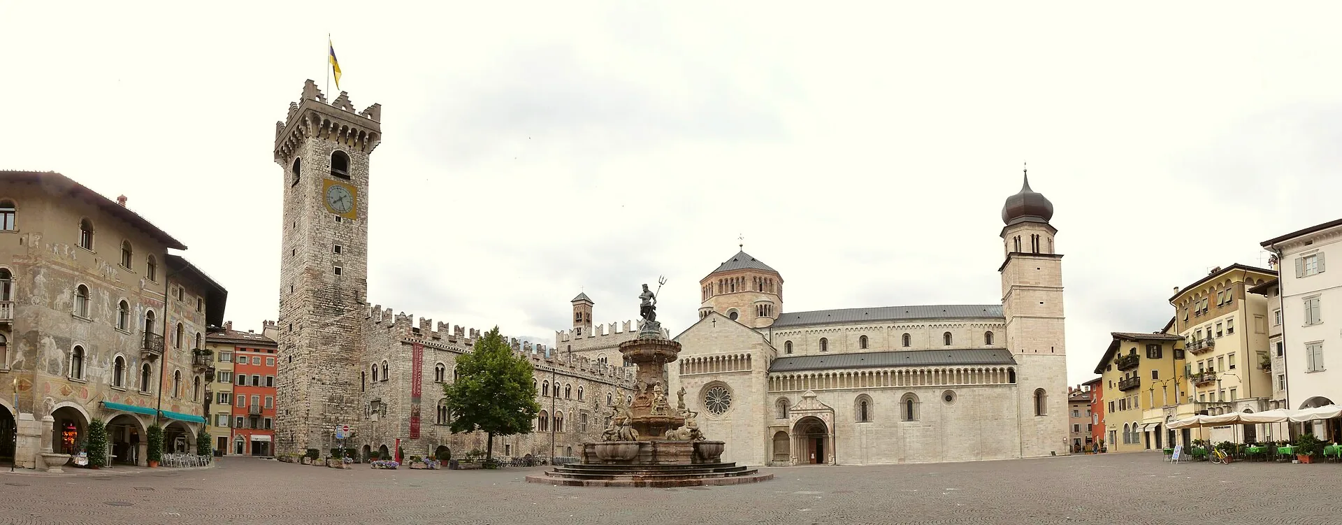 Panorama of Piazza del Duomo in Trento, with the Neptune fountain, cathedral and Civic Tower.