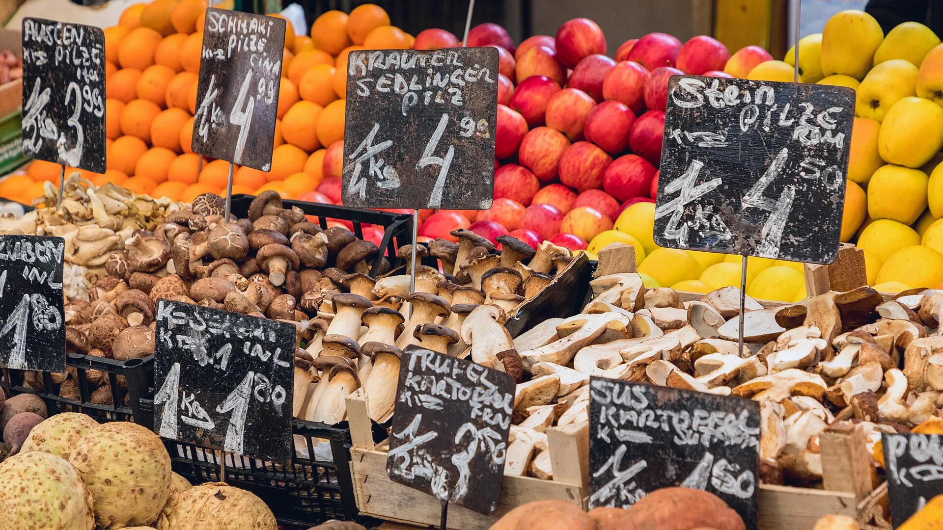 A market stall at Vienna’s Naschmarkt, with goods arranged for sale.