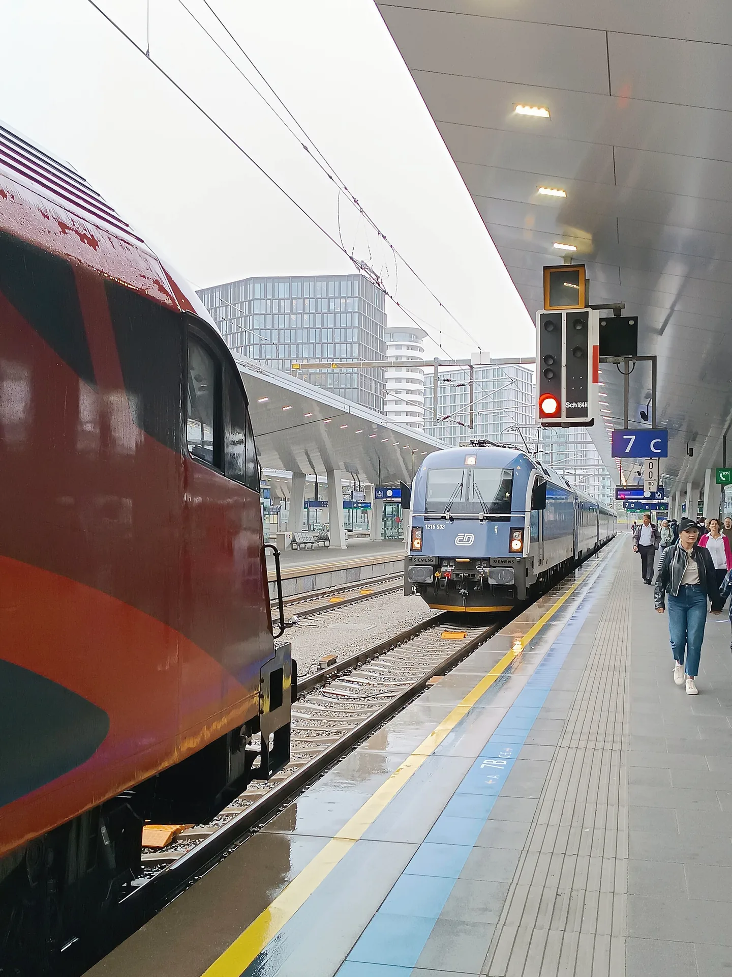 An ÖBB Railjet and a Czech Railways train standing at Vienna Central Station.