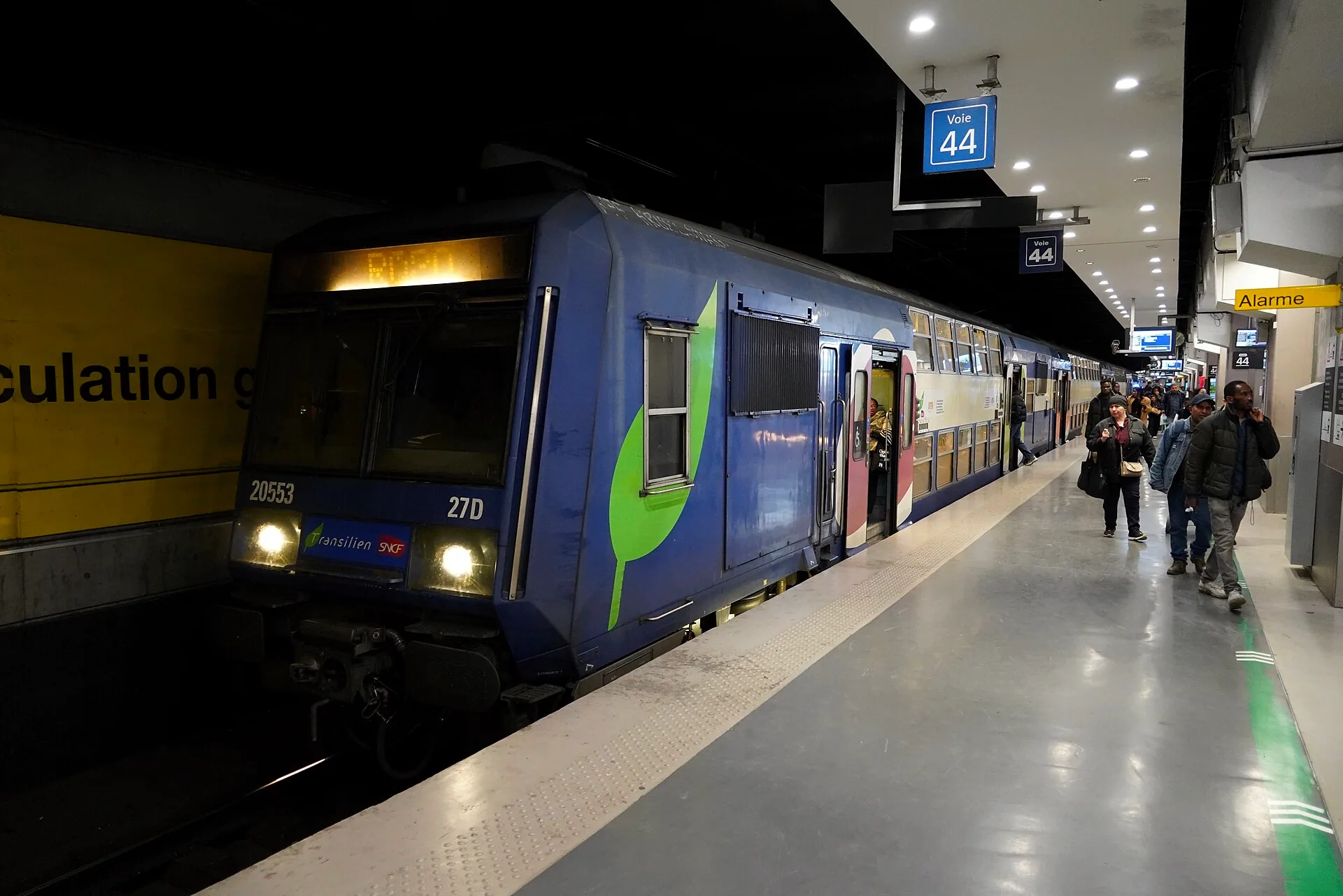 A Z 20500 RER D train at an underground platform at Gare du Nord